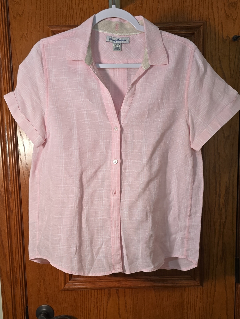 Tommy Bahama, Light Pink & White. Short-Sleeve Linen Button-Up Shirt